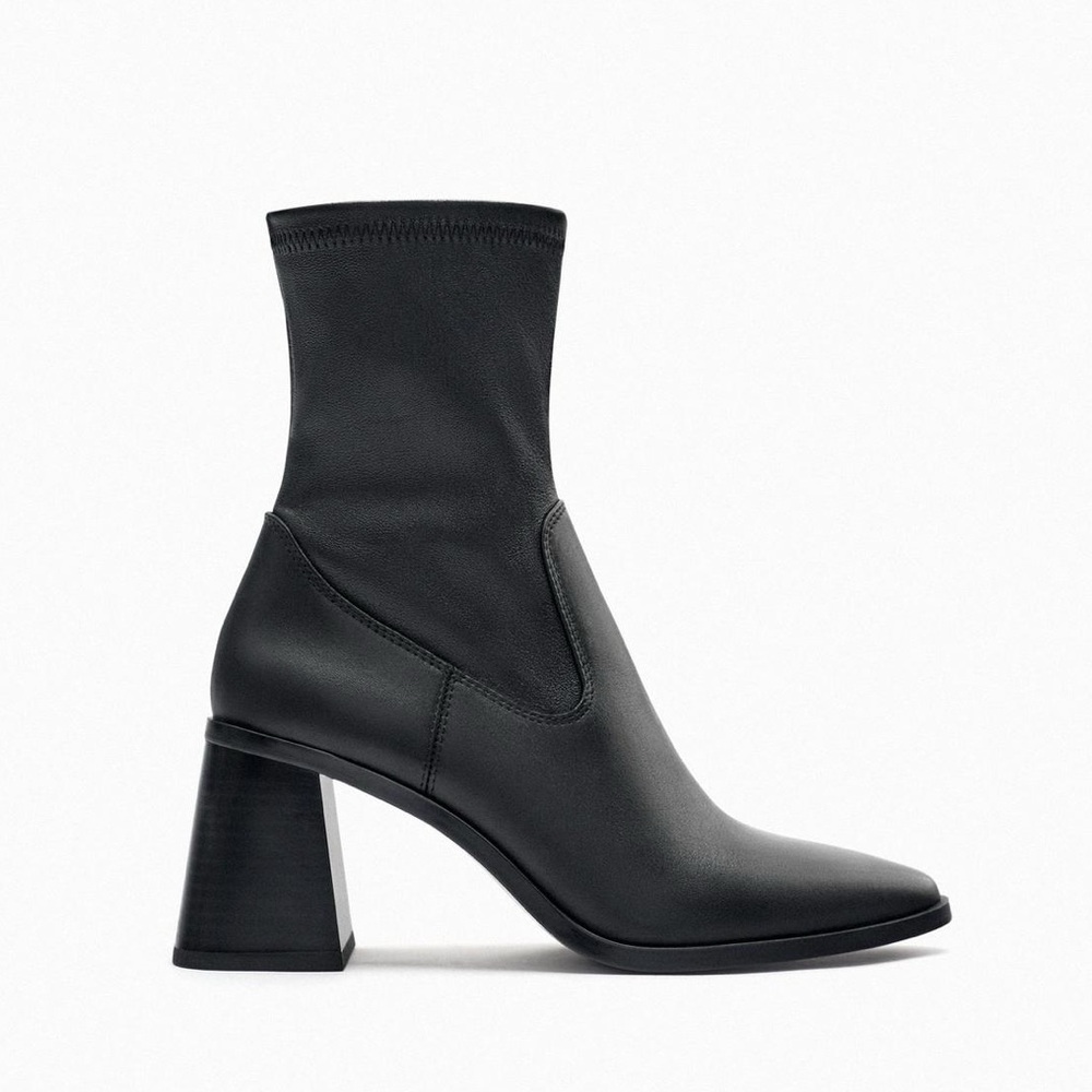 ZARA Heeled Black Leather Ankle Boots - Size 8